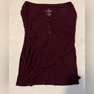 American Eagle Maroon Button Down Long Sleeve Tee
